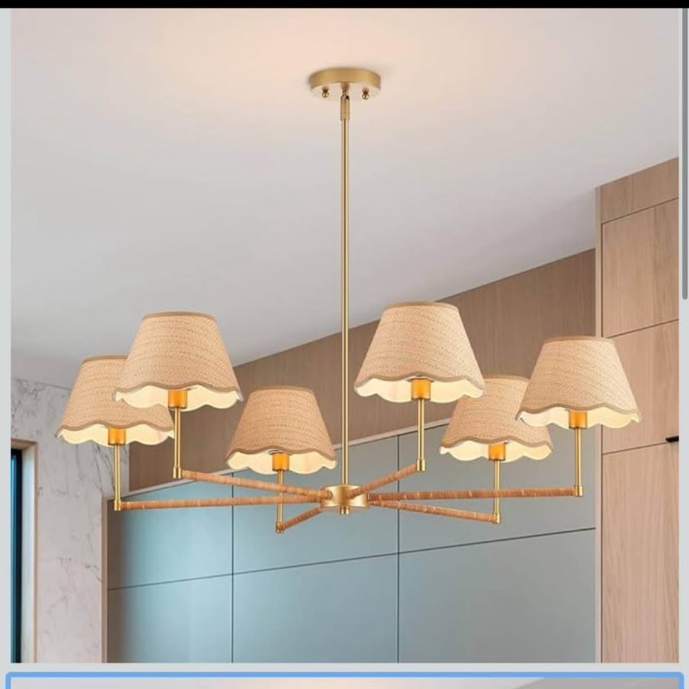Vintage Gold 6-Arm Chandelier with Woven Linen Shades